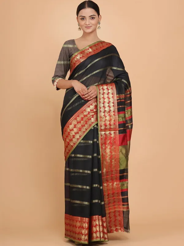 Black_Polyester_Premium_&_Elegant_(_Zari_Checkered_)_Kota_Doria_Saree_With_Blouse_Piece_For_Women