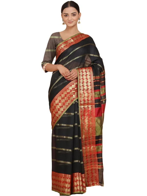 Black_Polyester_Premium_&_Elegant_(_Zari_Checkered_)_Kota_Doria_Saree_With_Blouse_Piece_For_Women