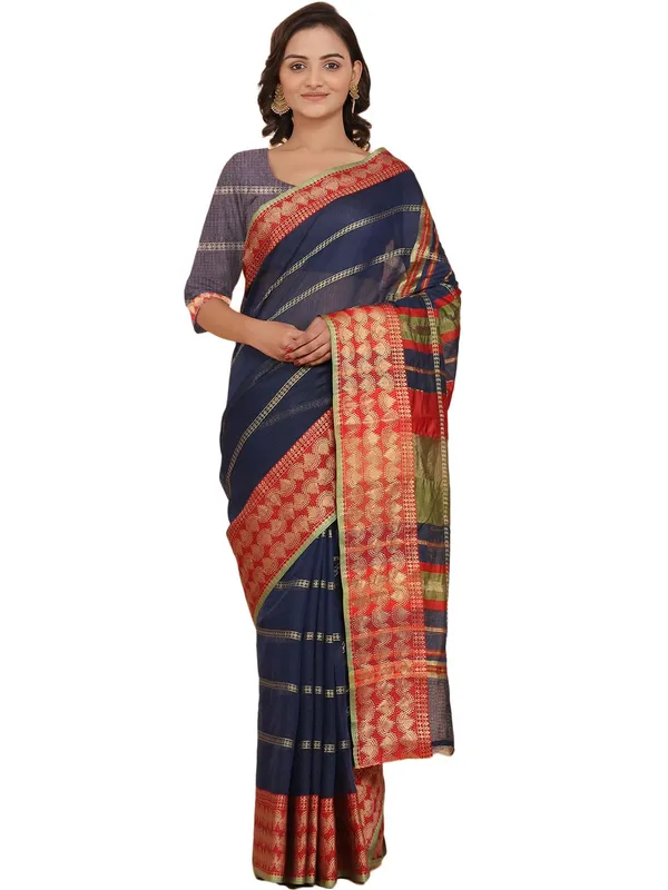 Dark_Blue_Polyester_Premium_&_Elegant_(_Zari_Checkered_)_Kota_Doria_Saree_With_Blouse_Piece_For_Women