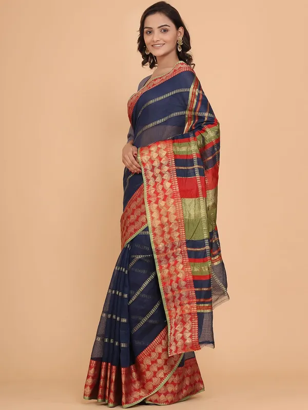 Dark_Blue_Polyester_Premium_&_Elegant_(_Zari_Checkered_)_Kota_Doria_Saree_With_Blouse_Piece_For_Women