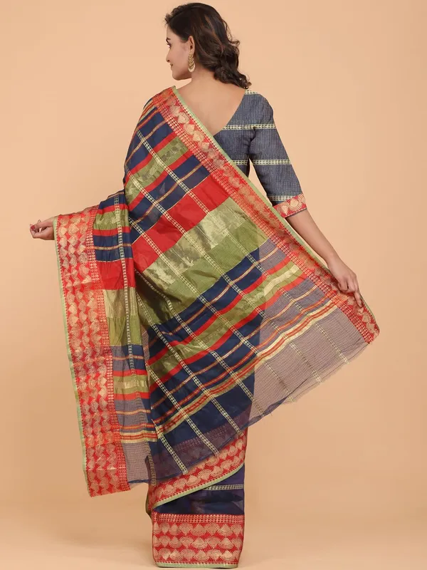 Dark_Blue_Polyester_Premium_&_Elegant_(_Zari_Checkered_)_Kota_Doria_Saree_With_Blouse_Piece_For_Women