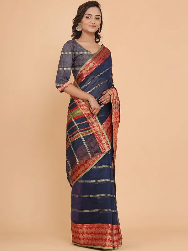Dark_Blue_Polyester_Premium_&_Elegant_(_Zari_Checkered_)_Kota_Doria_Saree_With_Blouse_Piece_For_Women