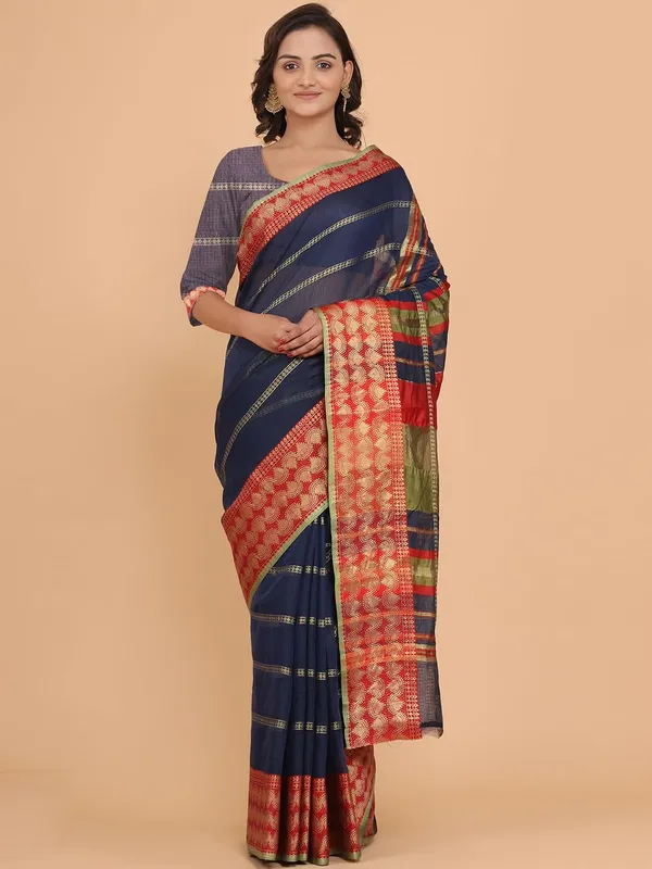 Dark_Blue_Polyester_Premium_&_Elegant_(_Zari_Checkered_)_Kota_Doria_Saree_With_Blouse_Piece_For_Women