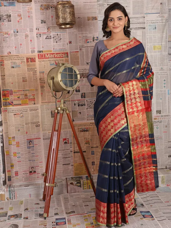 Dark_Blue_Polyester_Premium_&_Elegant_(_Zari_Checkered_)_Kota_Doria_Saree_With_Blouse_Piece_For_Women