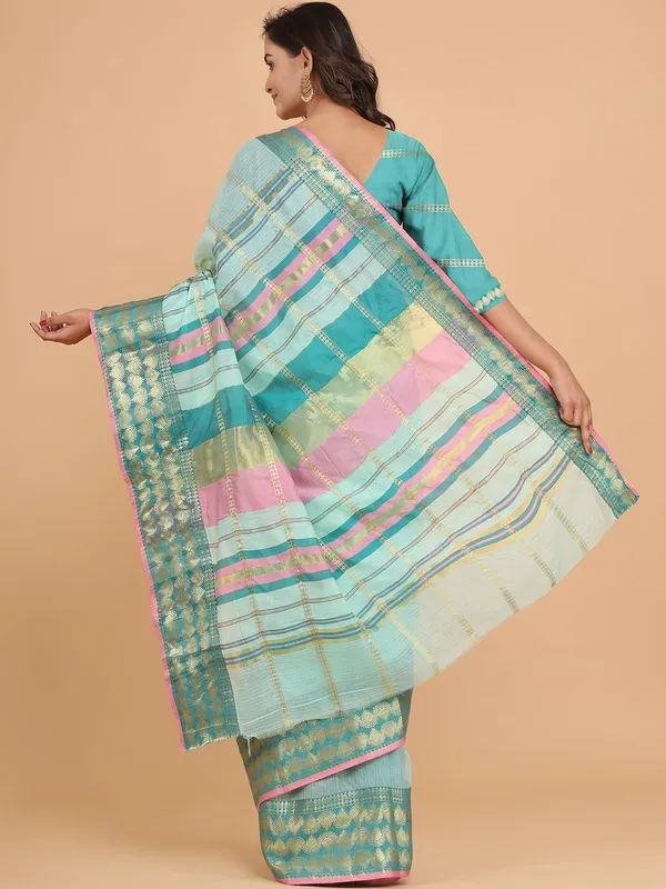 Light_Blue_Polyester_Premium_&_Elegant_(_Zari_Checkered_)_Kota_Doria_Saree_With_Blouse_Piece_For_Women