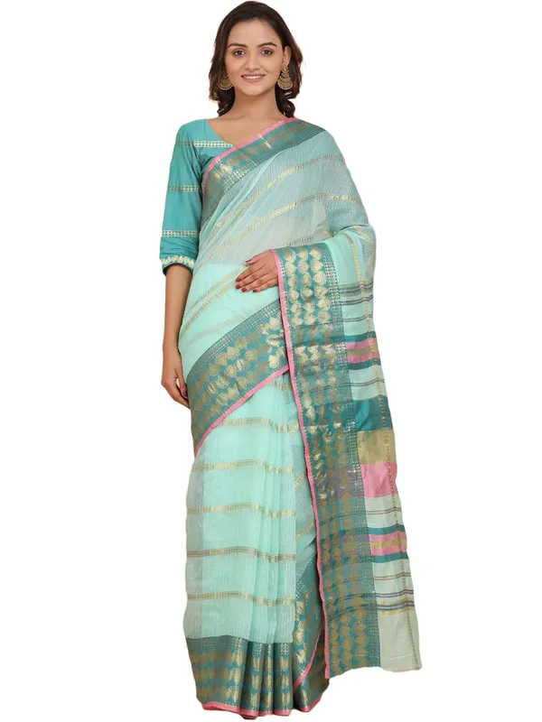 Light_Blue_Polyester_Premium_&_Elegant_(_Zari_Checkered_)_Kota_Doria_Saree_With_Blouse_Piece_For_Women