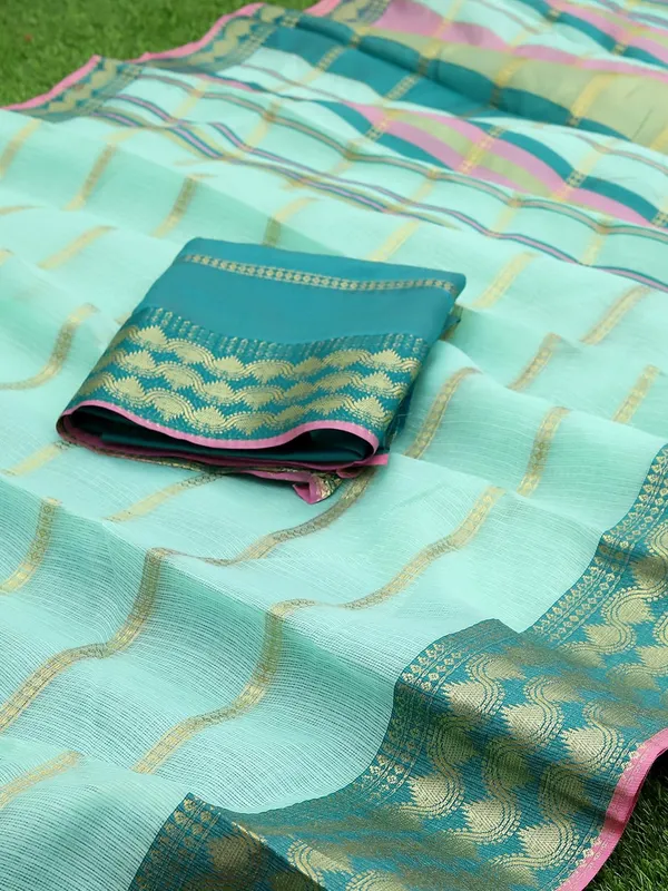 Light_Blue_Polyester_Premium_&_Elegant_(_Zari_Checkered_)_Kota_Doria_Saree_With_Blouse_Piece_For_Women