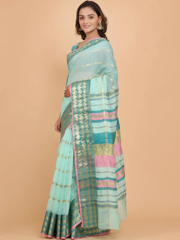 Light_Blue_Polyester_Premium_&_Elegant_(_Zari_Checkered_)_Kota_Doria_Saree_With_Blouse_Piece_For_Women