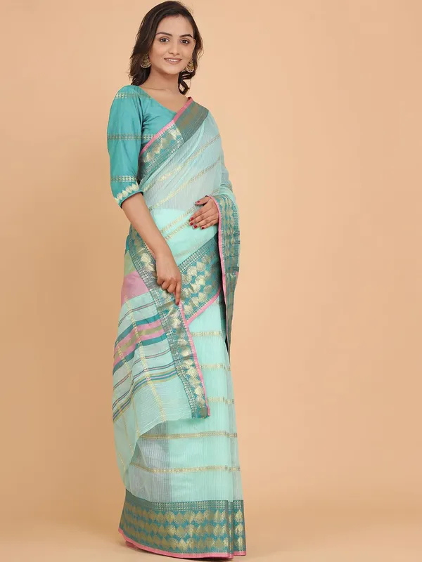 Light_Blue_Polyester_Premium_&_Elegant_(_Zari_Checkered_)_Kota_Doria_Saree_With_Blouse_Piece_For_Women