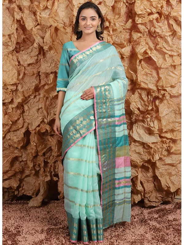 Light_Blue_Polyester_Premium_&_Elegant_(_Zari_Checkered_)_Kota_Doria_Saree_With_Blouse_Piece_For_Women