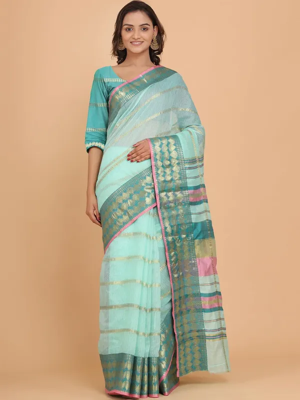 Light_Blue_Polyester_Premium_&_Elegant_(_Zari_Checkered_)_Kota_Doria_Saree_With_Blouse_Piece_For_Women