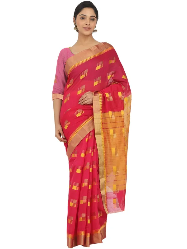 Pink_Cotton_Silk_Premium_&_Elegant_(_Blocked_)_Berhampuri_Saree_With_Blouse_Piece_For_Women