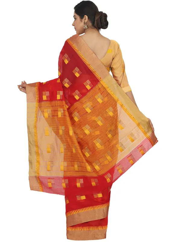 Red_Cotton_Silk_Premium_&_Elegant_(_Blocked_)_Berhampuri_Saree_With_Blouse_Piece_For_Women