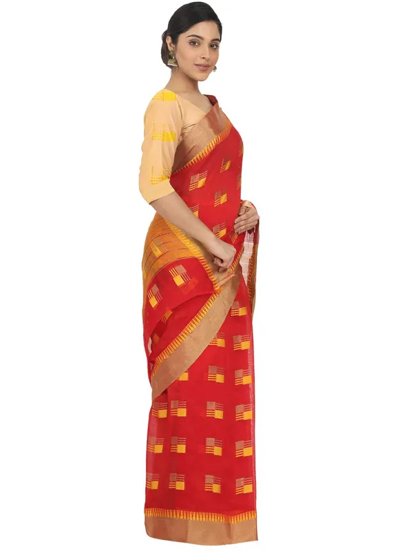 Red_Cotton_Silk_Premium_&_Elegant_(_Blocked_)_Berhampuri_Saree_With_Blouse_Piece_For_Women