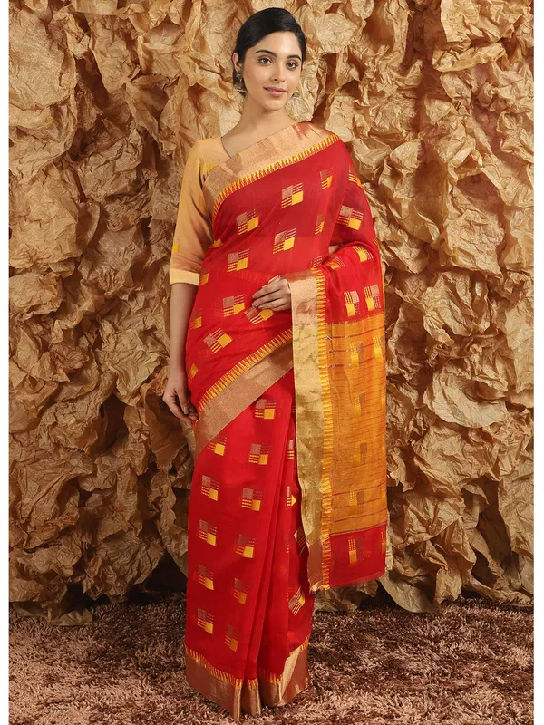 Red_Cotton_Silk_Premium_&_Elegant_(_Blocked_)_Berhampuri_Saree_With_Blouse_Piece_For_Women