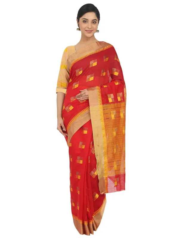 Red_Cotton_Silk_Premium_&_Elegant_(_Blocked_)_Berhampuri_Saree_With_Blouse_Piece_For_Women