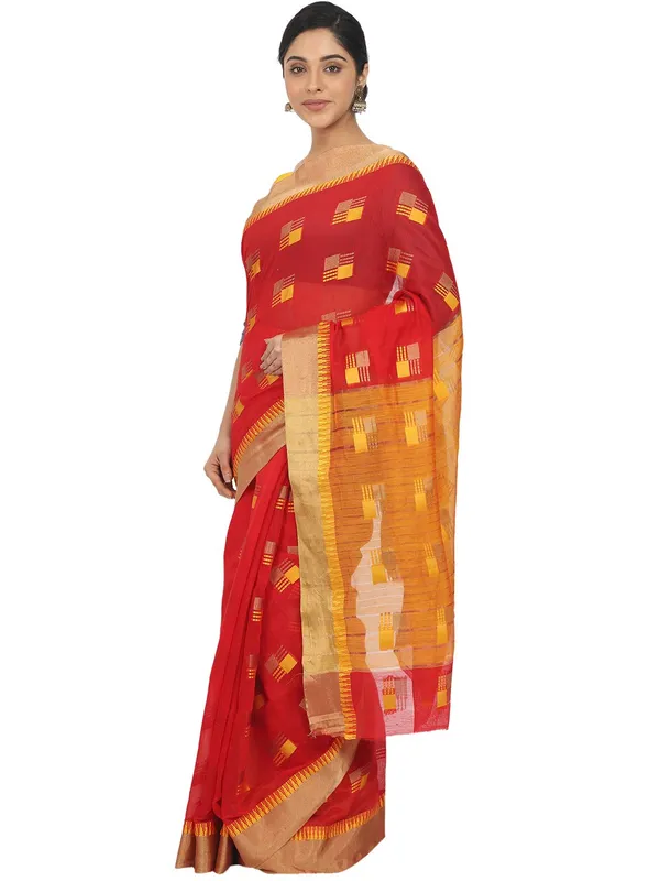 Red_Cotton_Silk_Premium_&_Elegant_(_Blocked_)_Berhampuri_Saree_With_Blouse_Piece_For_Women