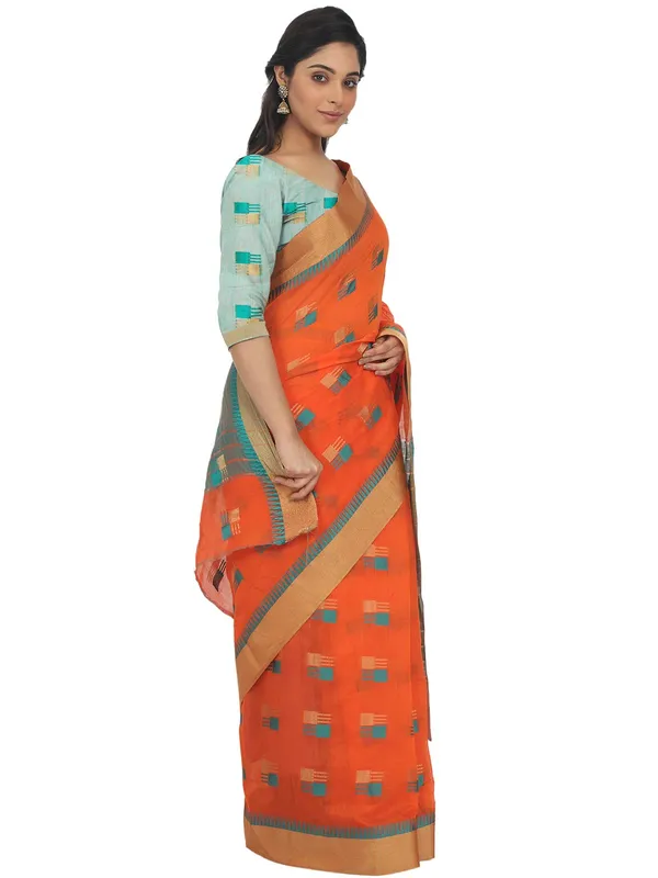 Orange_Cotton_Silk_Premium_&_Elegant_(_Blocked_)_Berhampuri_Saree_With_Blouse_Piece_For_Women