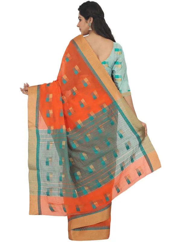 Orange_Cotton_Silk_Premium_&_Elegant_(_Blocked_)_Berhampuri_Saree_With_Blouse_Piece_For_Women