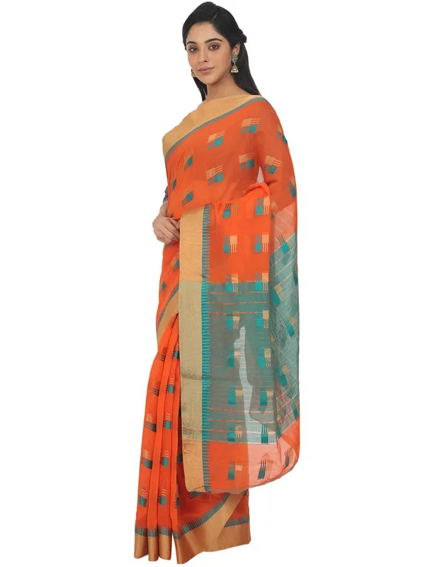 Orange_Cotton_Silk_Premium_&_Elegant_(_Blocked_)_Berhampuri_Saree_With_Blouse_Piece_For_Women
