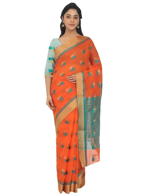 Orange_Cotton_Silk_Premium_&_Elegant_(_Blocked_)_Berhampuri_Saree_With_Blouse_Piece_For_Women