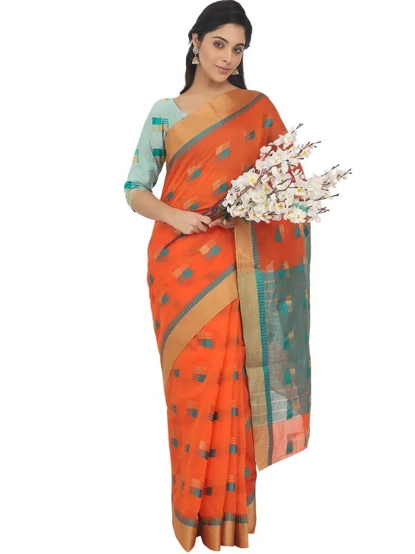 Orange_Cotton_Silk_Premium_&_Elegant_(_Blocked_)_Berhampuri_Saree_With_Blouse_Piece_For_Women