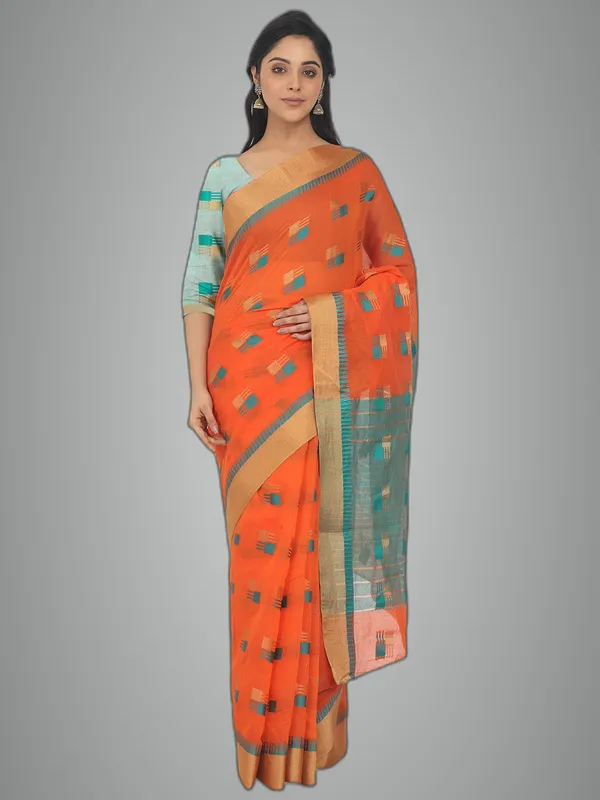 Orange_Cotton_Silk_Premium_&_Elegant_(_Blocked_)_Berhampuri_Saree_With_Blouse_Piece_For_Women