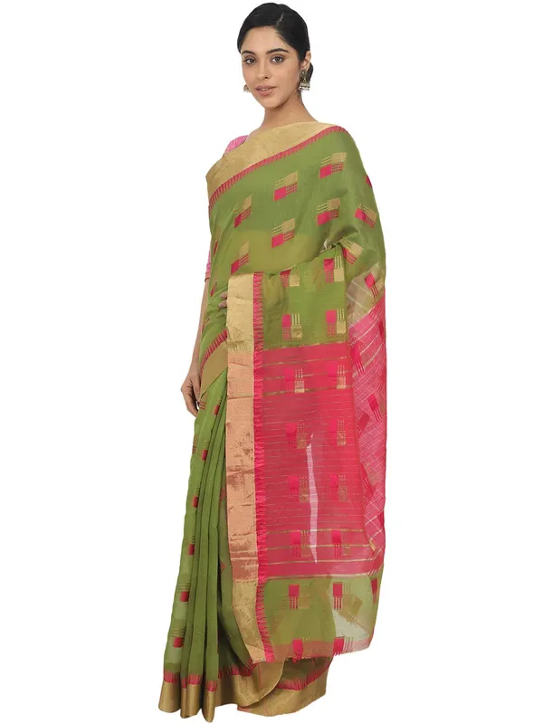 Green_Cotton_Silk_Premium_&_Elegant_(_Blocked_)_Berhampuri_Saree_With_Blouse_Piece_For_Women