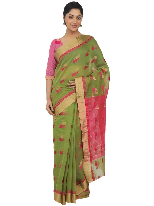 Green_Cotton_Silk_Premium_&_Elegant_(_Blocked_)_Berhampuri_Saree_With_Blouse_Piece_For_Women