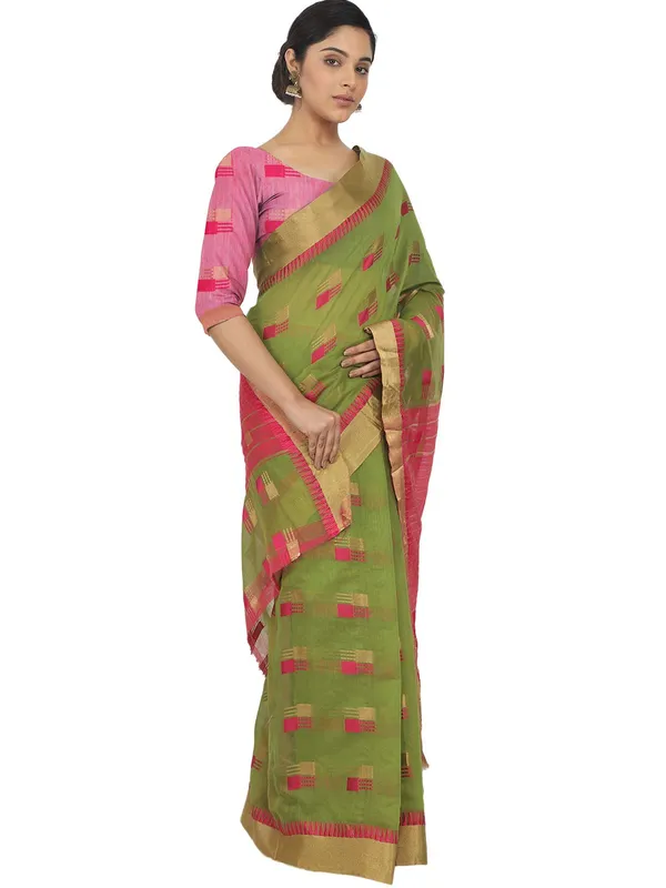 Green_Cotton_Silk_Premium_&_Elegant_(_Blocked_)_Berhampuri_Saree_With_Blouse_Piece_For_Women
