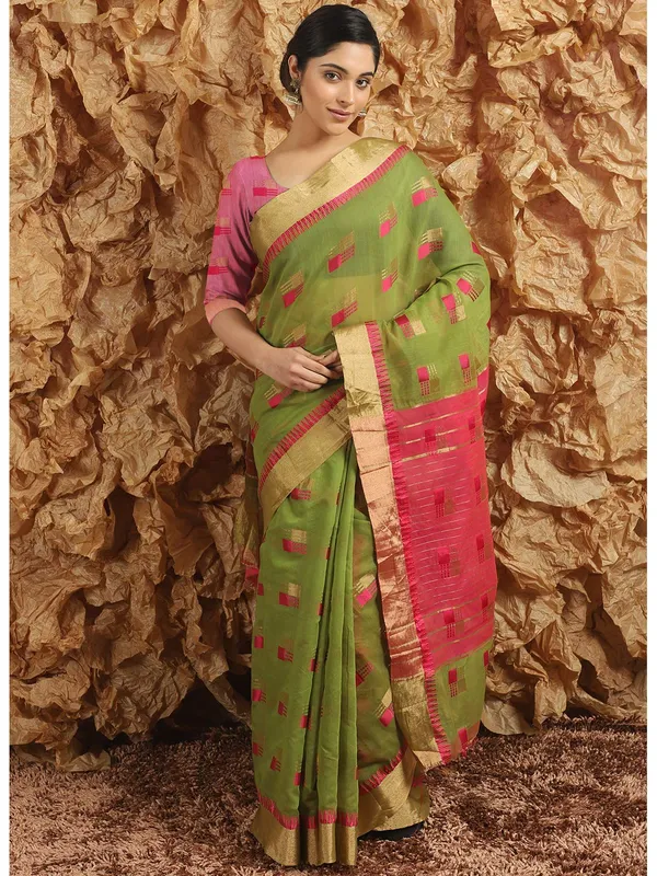 Green_Cotton_Silk_Premium_&_Elegant_(_Blocked_)_Berhampuri_Saree_With_Blouse_Piece_For_Women