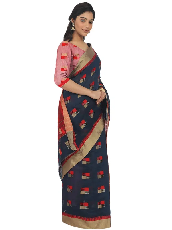 Dark_Blue_Cotton_Silk_Premium_&_Elegant_(_Blocked_)_Berhampuri_Saree_With_Blouse_Piece_For_Women