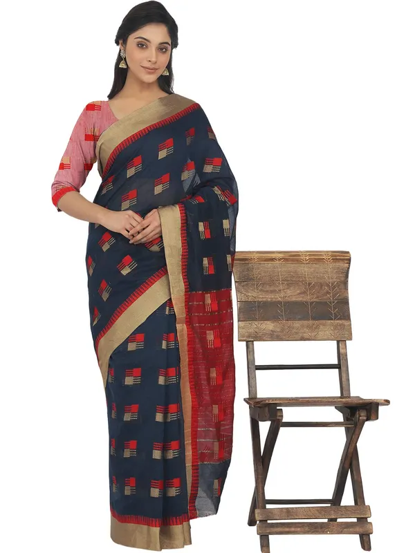 Dark_Blue_Cotton_Silk_Premium_&_Elegant_(_Blocked_)_Berhampuri_Saree_With_Blouse_Piece_For_Women