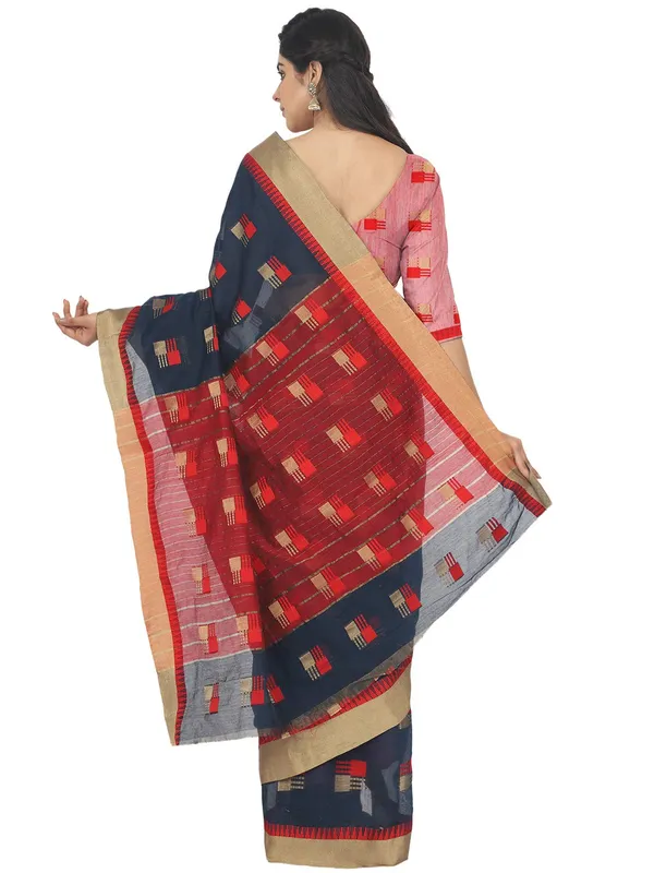 Dark_Blue_Cotton_Silk_Premium_&_Elegant_(_Blocked_)_Berhampuri_Saree_With_Blouse_Piece_For_Women