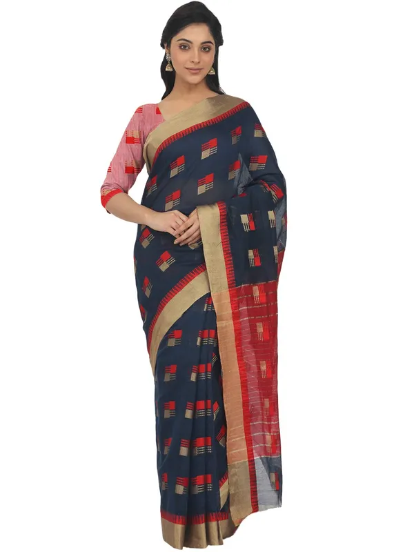 Dark_Blue_Cotton_Silk_Premium_&_Elegant_(_Blocked_)_Berhampuri_Saree_With_Blouse_Piece_For_Women