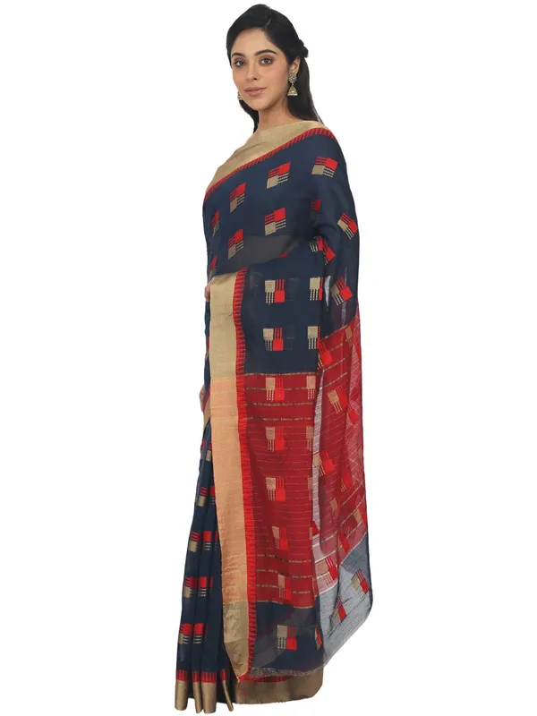 Dark_Blue_Cotton_Silk_Premium_&_Elegant_(_Blocked_)_Berhampuri_Saree_With_Blouse_Piece_For_Women