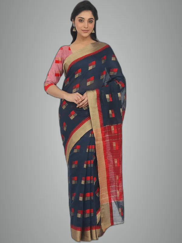 Dark_Blue_Cotton_Silk_Premium_&_Elegant_(_Blocked_)_Berhampuri_Saree_With_Blouse_Piece_For_Women
