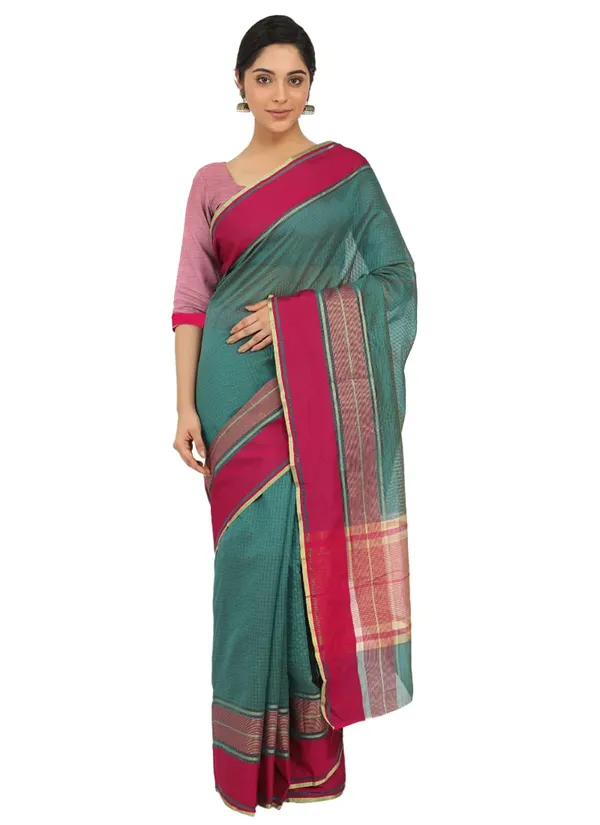 Teal_Polyester_Premium_&_Elegant_(_Checkered_)_Mangalagiri_Saree_With_Blouse_Piece_For_Women