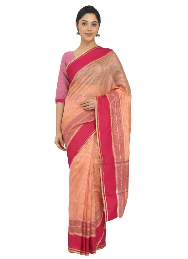 Peach_Polyester_Premium_&_Elegant_(_Checkered_)_Mangalagiri_Saree_With_Blouse_Piece_For_Women