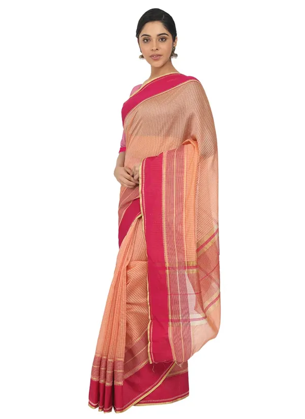 Peach_Polyester_Premium_&_Elegant_(_Checkered_)_Mangalagiri_Saree_With_Blouse_Piece_For_Women