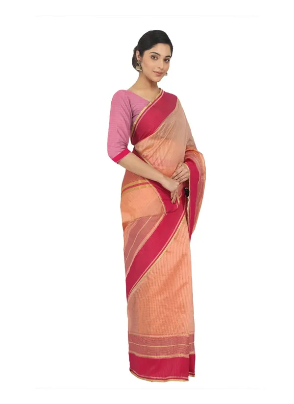 Peach_Polyester_Premium_&_Elegant_(_Checkered_)_Mangalagiri_Saree_With_Blouse_Piece_For_Women