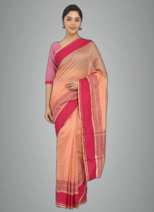 Peach_Polyester_Premium_&_Elegant_(_Checkered_)_Mangalagiri_Saree_With_Blouse_Piece_For_Women