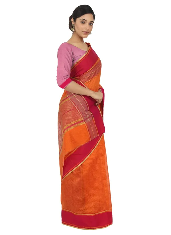 Orange_Polyester_Premium_&_Elegant_(_Checkered_)_Mangalagiri_Saree_With_Blouse_Piece_For_Women