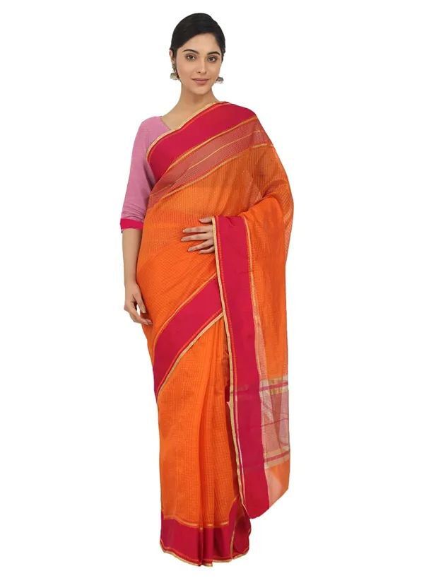 Orange_Polyester_Premium_&_Elegant_(_Checkered_)_Mangalagiri_Saree_With_Blouse_Piece_For_Women