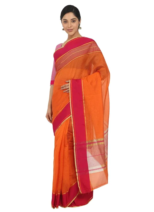 Orange_Polyester_Premium_&_Elegant_(_Checkered_)_Mangalagiri_Saree_With_Blouse_Piece_For_Women
