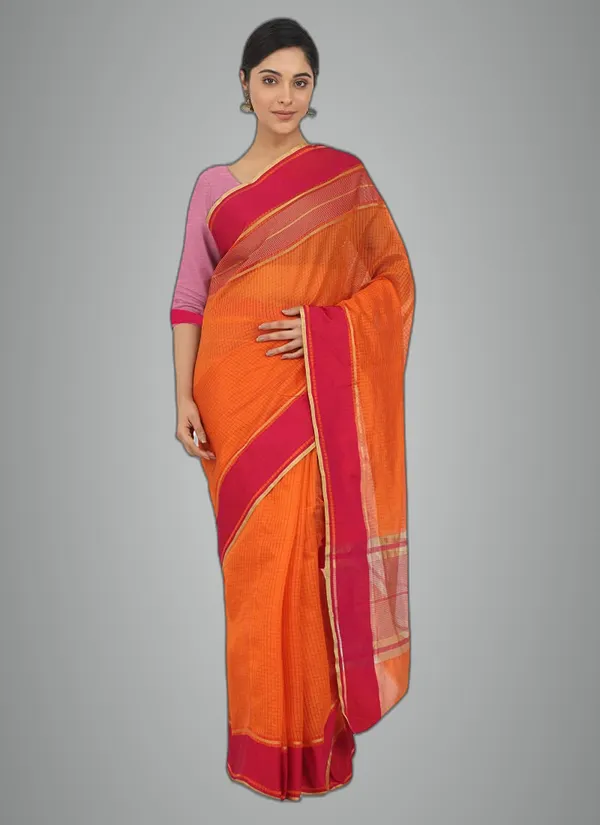Orange_Polyester_Premium_&_Elegant_(_Checkered_)_Mangalagiri_Saree_With_Blouse_Piece_For_Women