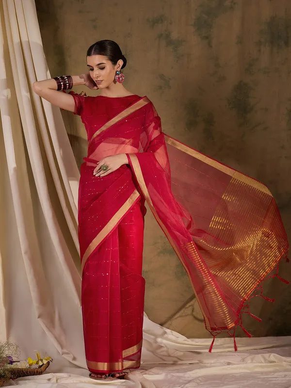 Red_Organza_Silk_Premium_&_Elegant_(_Rich_Pallu_)_Saree_With_Blouse_Piece_For_Women
