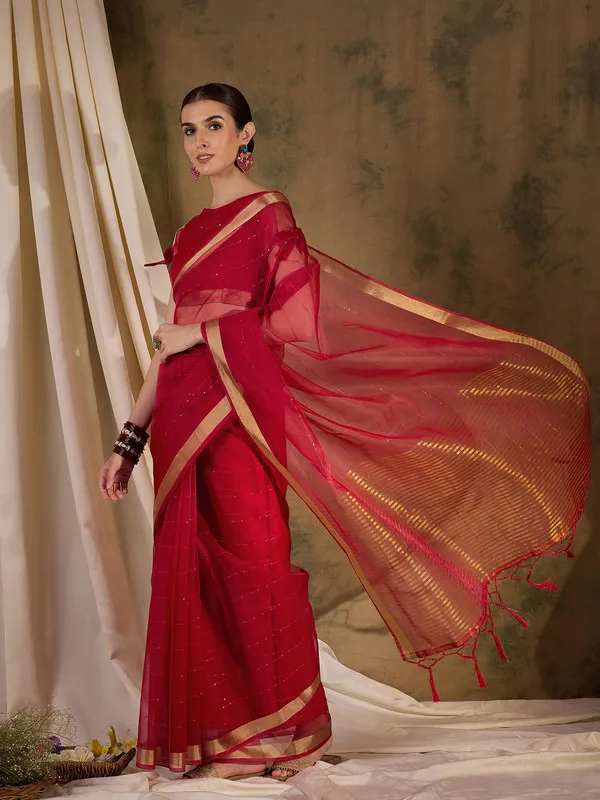 Red_Organza_Silk_Premium_&_Elegant_(_Rich_Pallu_)_Saree_With_Blouse_Piece_For_Women