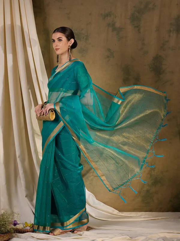 Teal_Organza_Silk_Premium_&_Elegant_(_Rich_Pallu_)_Saree_With_Blouse_Piece_For_Women