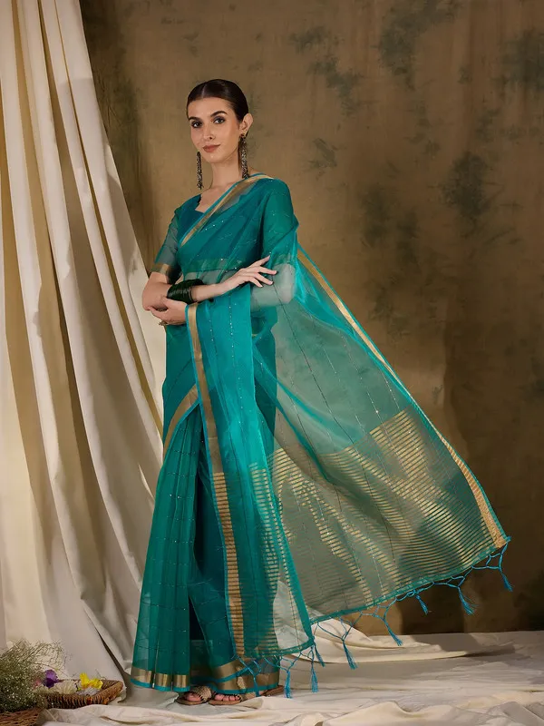Teal_Organza_Silk_Premium_&_Elegant_(_Rich_Pallu_)_Saree_With_Blouse_Piece_For_Women